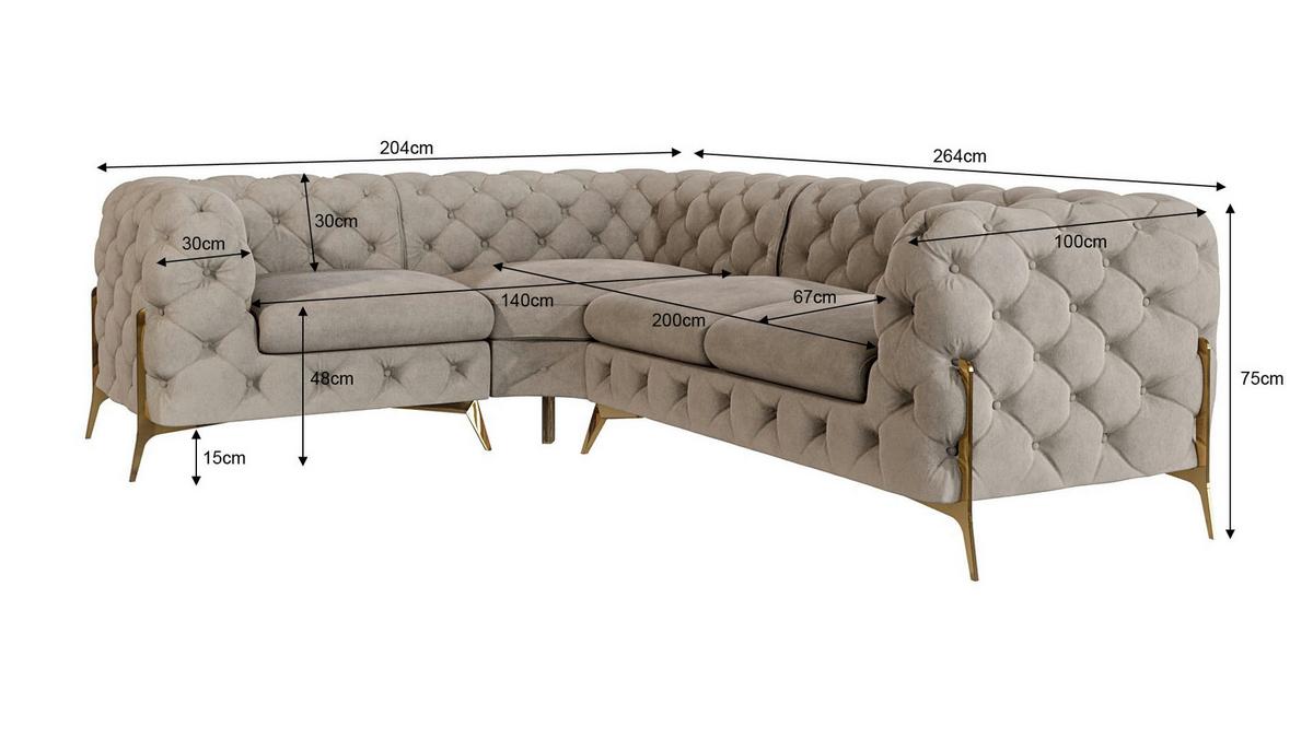 ECKSOFA Chesterfield Lexi Dunkle Creme Samt, Ottomane links - Goldfarben/Creme, Holz/Textil (264/204cm) - S-Style Möbel