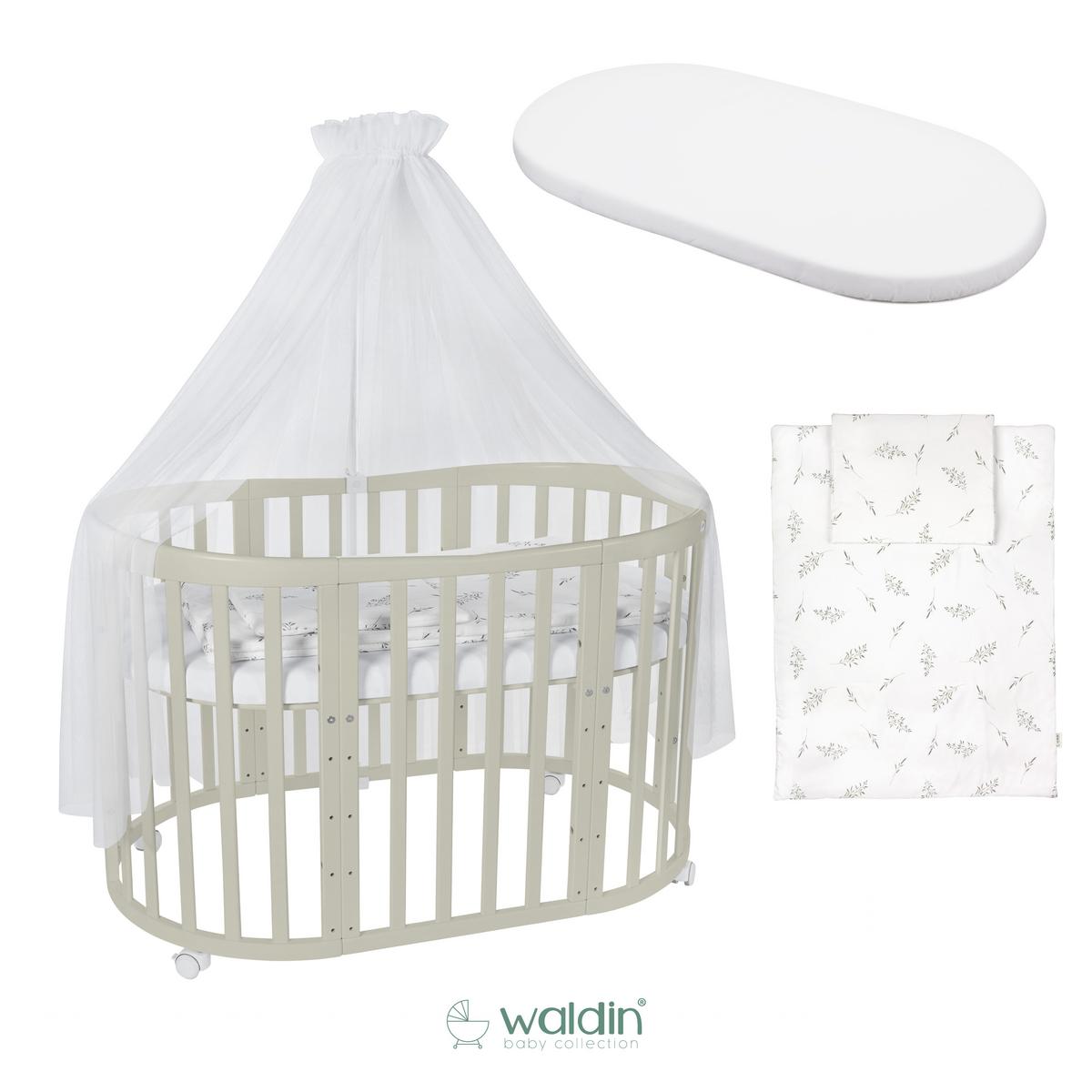 BABYBETT OLIVE OVAL 7in1 mit Matratze und Himmelset - Olivgrün/Weiß, Holz/Textil (73/125cm) - waldin