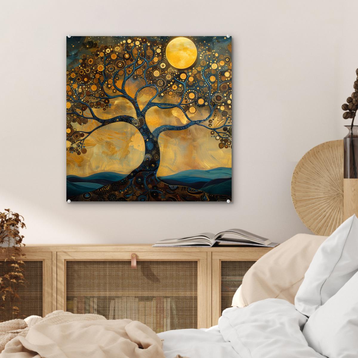 ACRYLGLASBILD Baum - Mond - Blumen - Gold - Kunst 50x50 cm - Orange, Glas (50/50cm) - MuchoWow