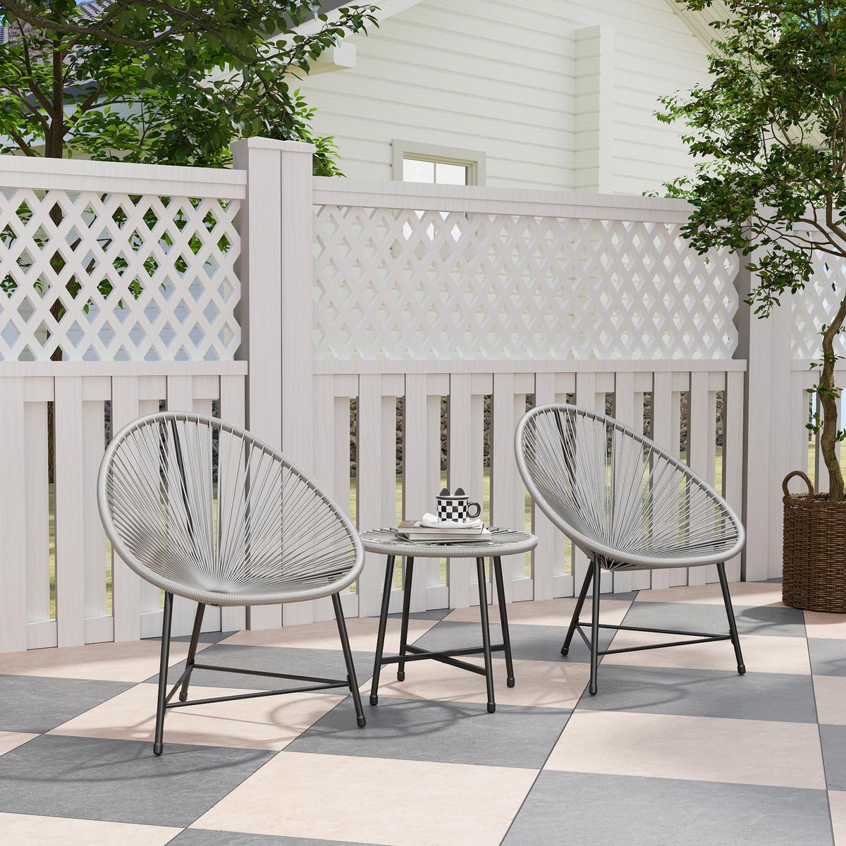 GARTENSET 3 TLG. Tisch mit Glasplatte Hellgrau - Schwarz/Grau, Kunststoff/Metall - Outsunny