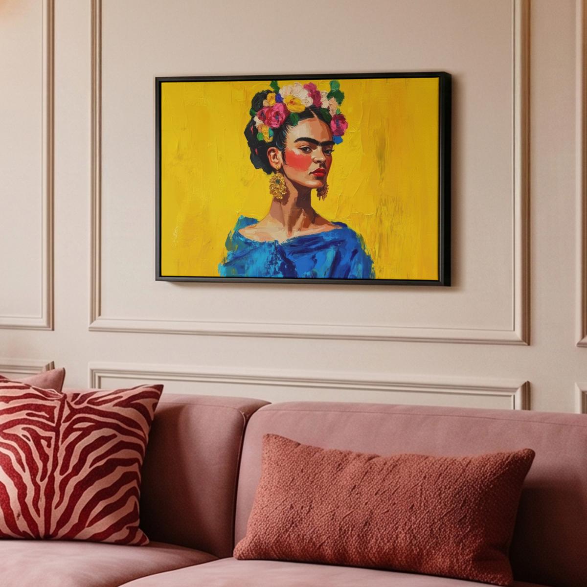 LEINWAND Bilder mit Rahmen - Frida Kahlo - Frau - Gelb - Blau - Blumen - 60x40 - Gelb, Textil (60/40cm) - MuchoWow
