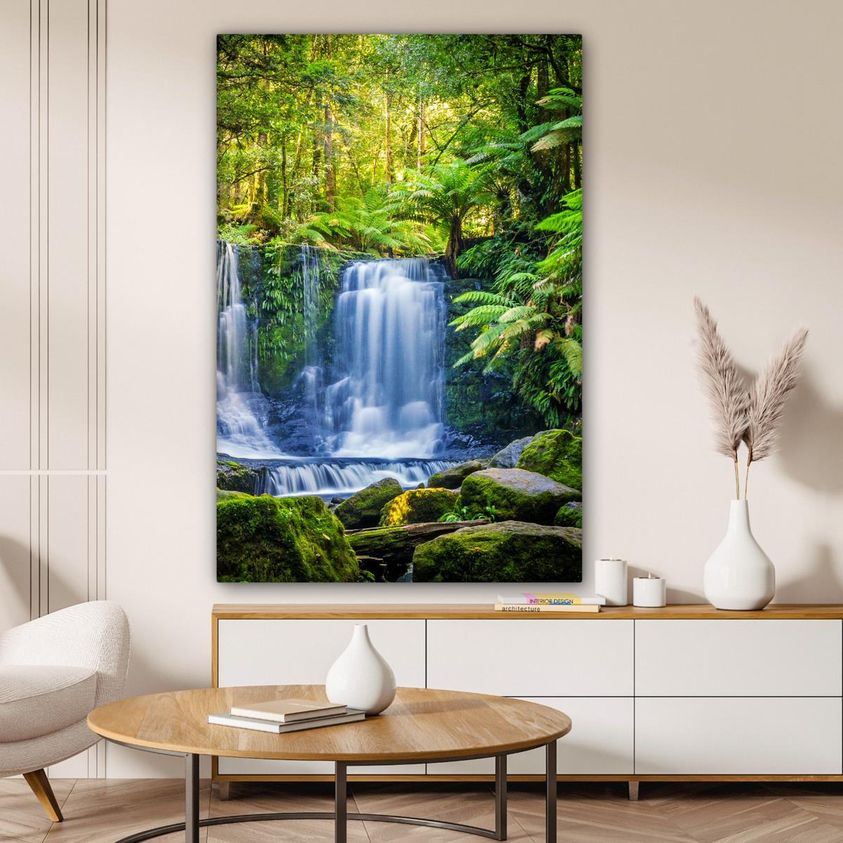 LEINWANDBILD Dschungel - Wasserfall - Australien - Pflanzen - Natur Deko Groß 90x140 cm - Dunkelgrün, Textil (90/140cm) - MuchoWow