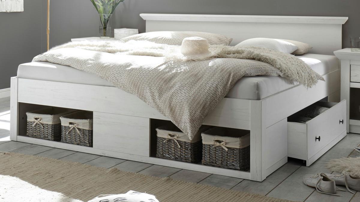 BETT Pinie weiß Liegefläche 180 x 200 cm, Stauraumbett mit Bettschubkasten - Schwarz/Weiß, Holzwerkstoff/Kunststoff (180/200cm) - Furn.Design