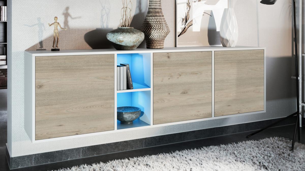 SIDEBOARD Cuba Türen in Eiche Nordic - Silbereichenfarben, Holzwerkstoff (182/53/35cm) - Vladon