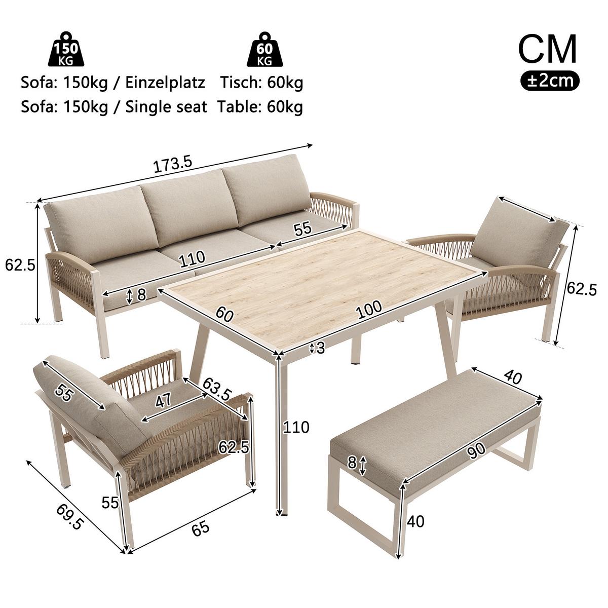 LOUNGEGARNITUR 7-tlg. Eisen Beige Gartensofa mit Tisch, Sesseln & Bank - Beige, Metall - Urban Meuble