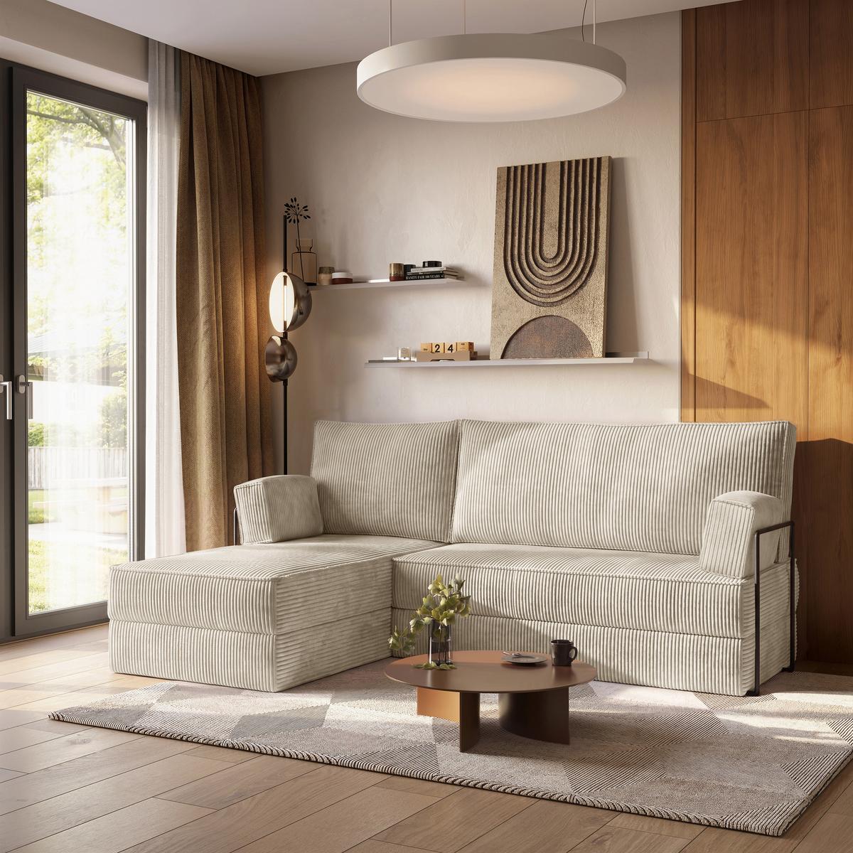 ECKSOFA NOTIA modulares Boneless Sofa mit Schlaffunktion Creme Kordstoff - Creme, Textil (200/120cm) - MASSENO