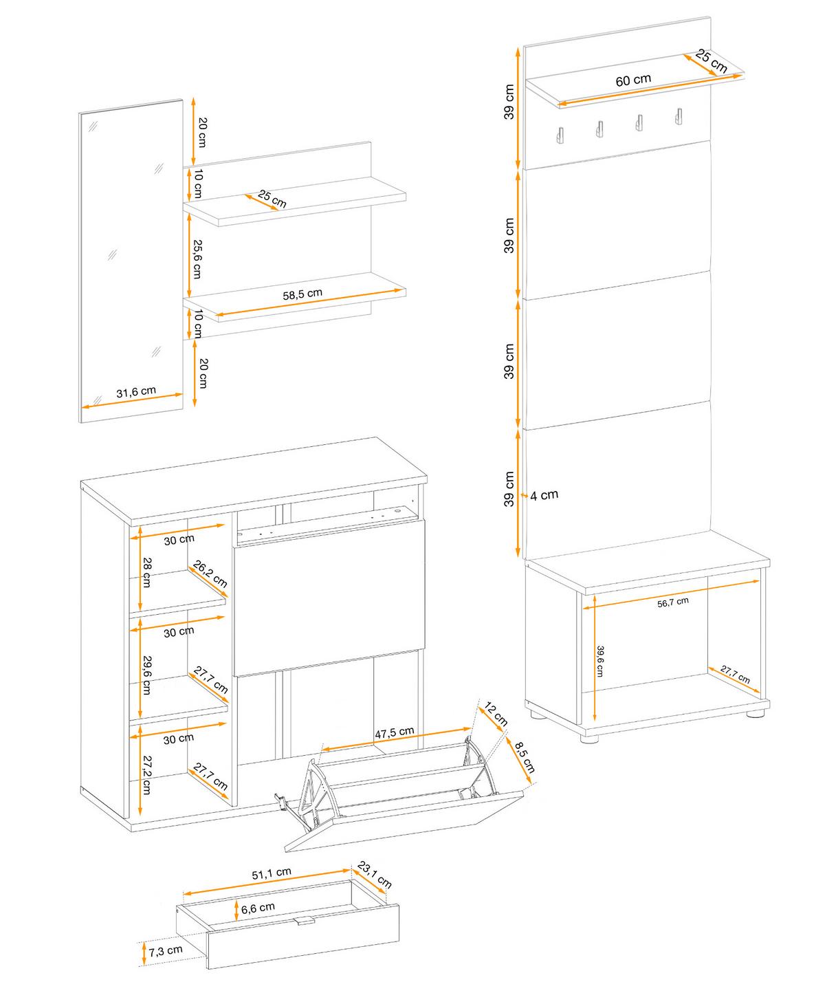 GARDEROBE Set 4-teilig Eiche Jackson, schwarz 250 cm, Garderobenkombination mit 3D-Lamellen - Eichefarben/Schwarz, Holzwerkstoff/Kunststoff (160/202/35cm) - Furn.Design