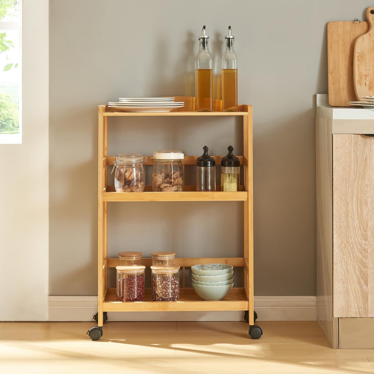 SERVIERWAGEN Huddinge - Schwarz/Naturfarben, Holz/Kunststoff (53/80/30cm) - [en.casa]