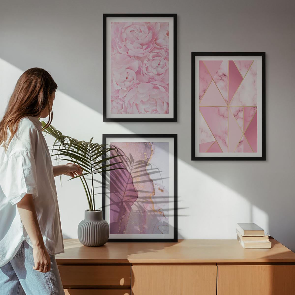 BILDER SET 3er Set - 40x60 cm Schwarzer Rahmen - Rosa geometrische Pfingstrosen - Schwarz, Kunststoff (40/60cm) - TULUP