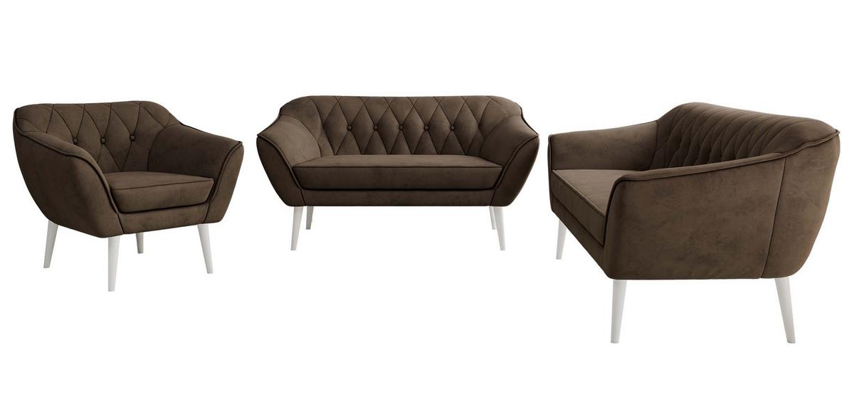 SITZGARNITUR PIRS 3+2+1 - Braun Velvet - Weiße Beine - Dunkelbraun/Braun, Holzwerkstoff/Textil (180/75/74cm) - MKS