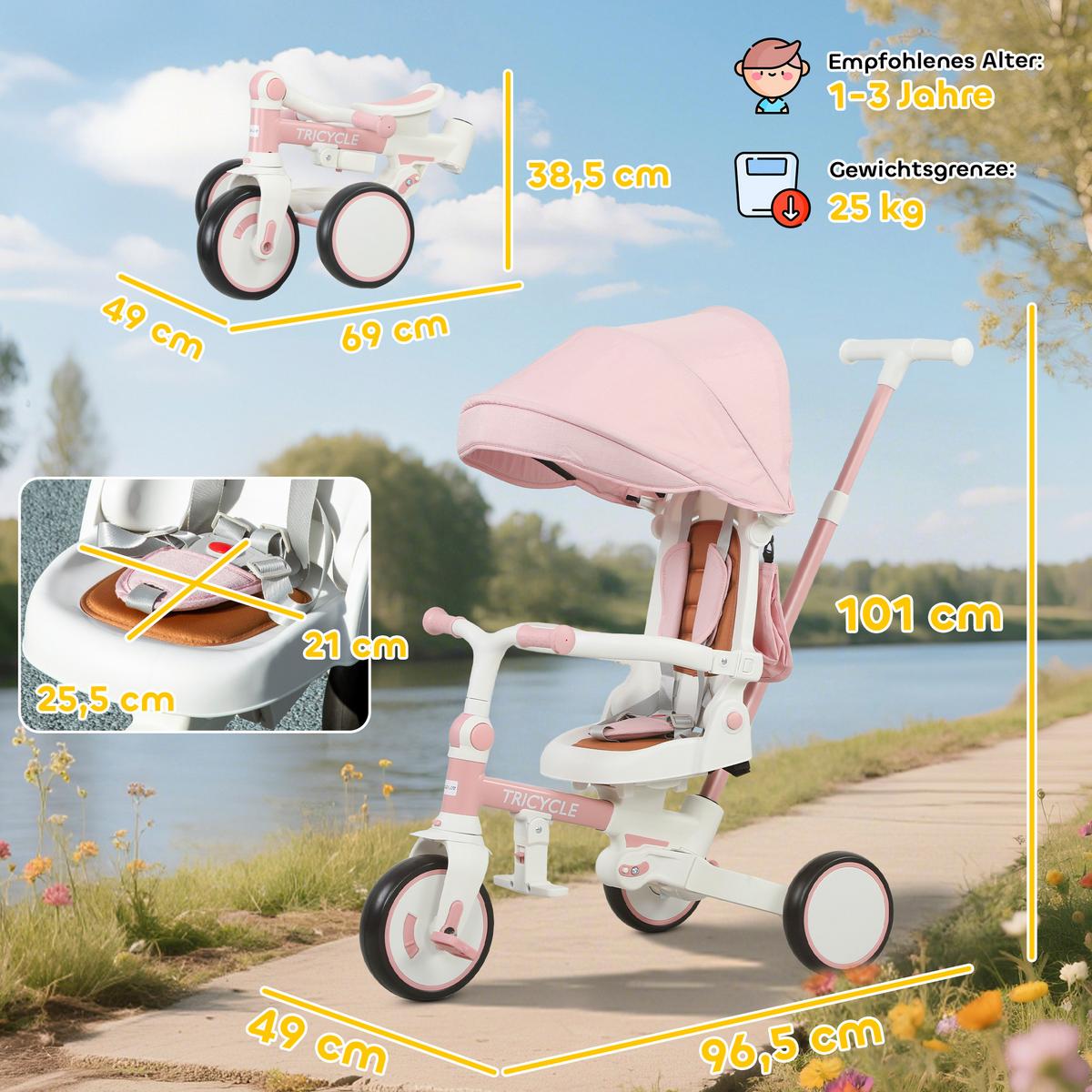 DREIRAD 5-in-1 mit Schubstange für 1-3 Jahre Faltbar mit reversiblem Sitz Rosa - Rosa, Metall (96.5/49/101cm) - AIYAPLAY