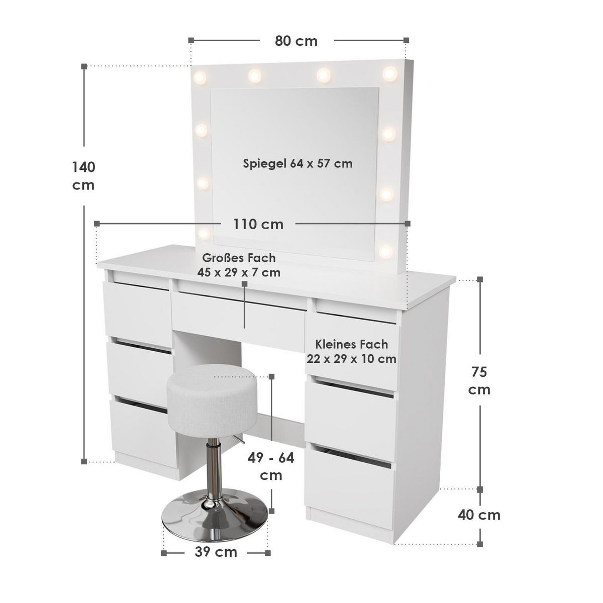 SCHMINKTISCH Talea mit LED (3 Lichtstufen) inkl Hocker Tonia - Weiß, Holz (110/141/40cm) - Juskys