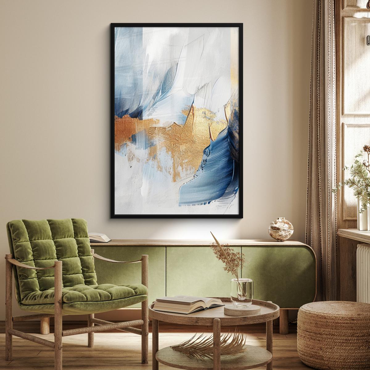 POSTER MIT RAHMEN Gold - Blau - Aquarell - Kunst - Modern Bilderleiste 80x120 cm - Hellblau, Papier (80/120cm) - MuchoWow