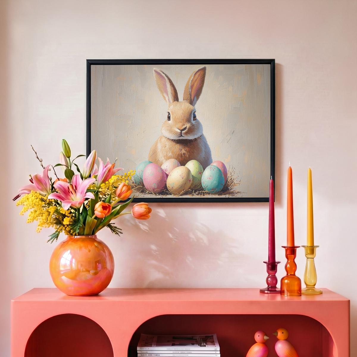 LEINWAND Bilder mit Rahmen - Osterhase - Pastell - Eier - 40x30 - Beige, Textil (40/30cm) - MuchoWow