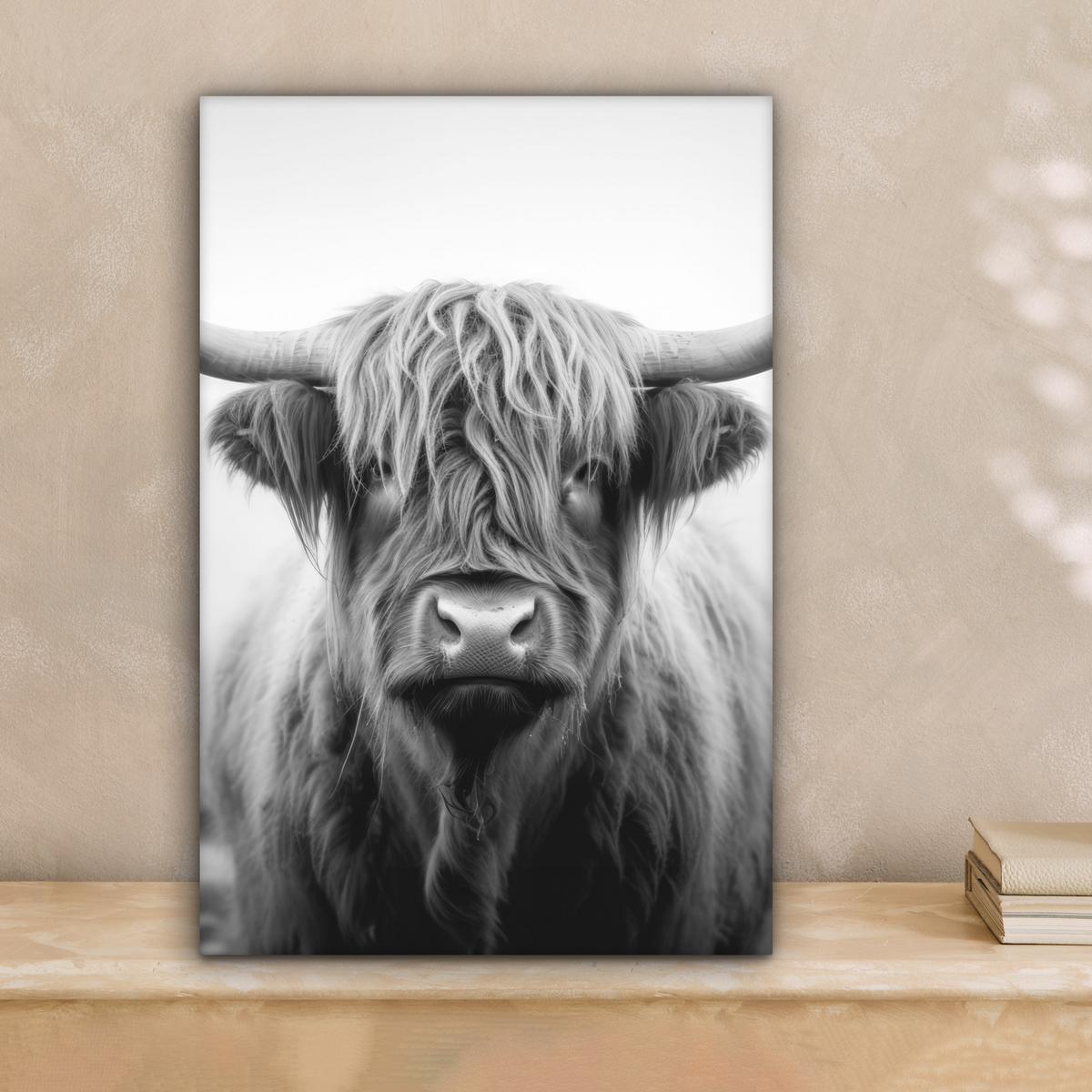 LEINWANDBILD Schottischer Highlander - Nebel - Schwarz - Weiß Deko Wohnzimmer 20x30 cm - Grau, Textil (20/30cm) - MuchoWow