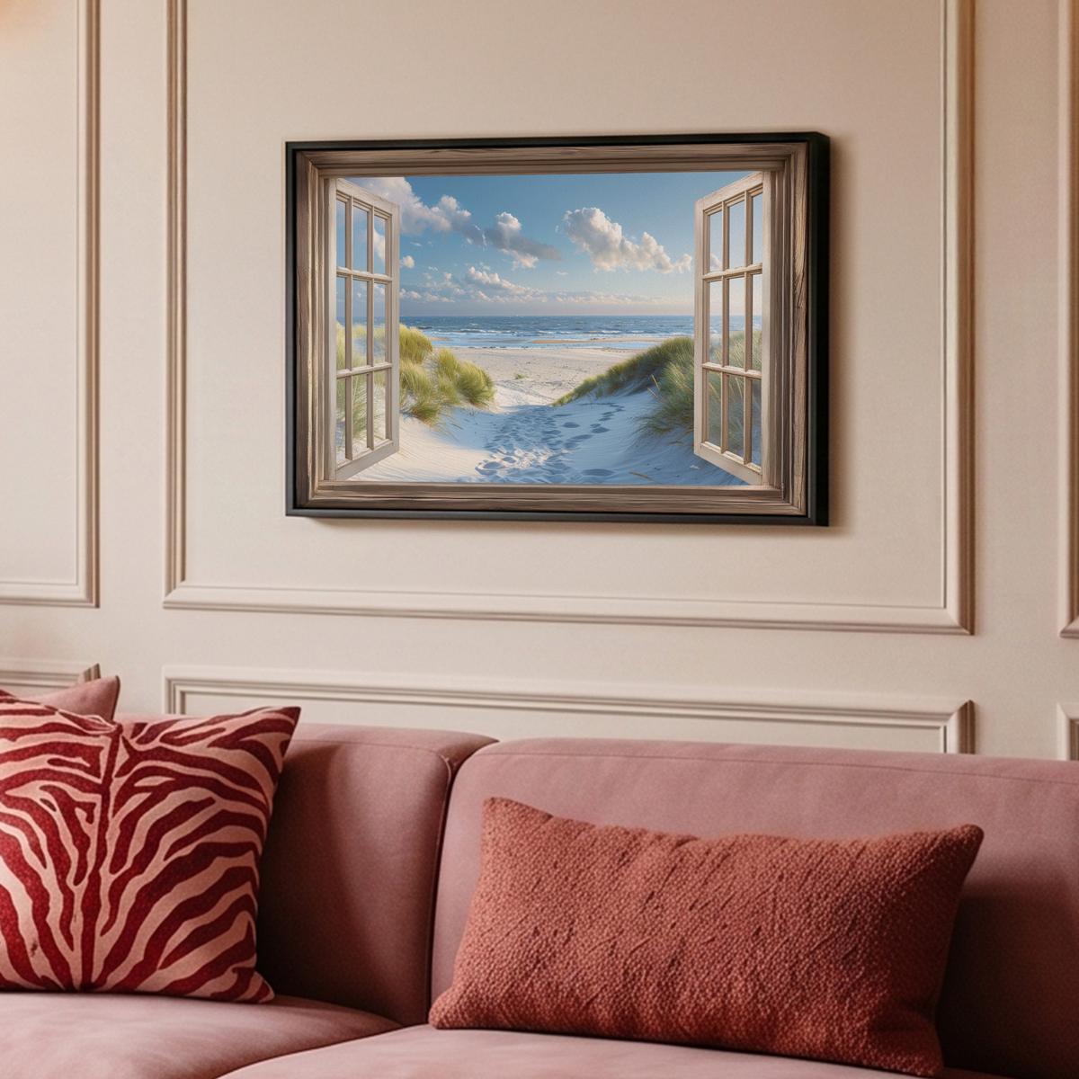 LEINWAND Bilder mit Rahmen - Aussicht - Strand - Fenster - Dünen - Meer - 60x40 - Hellblau, Textil (60/40cm) - MuchoWow