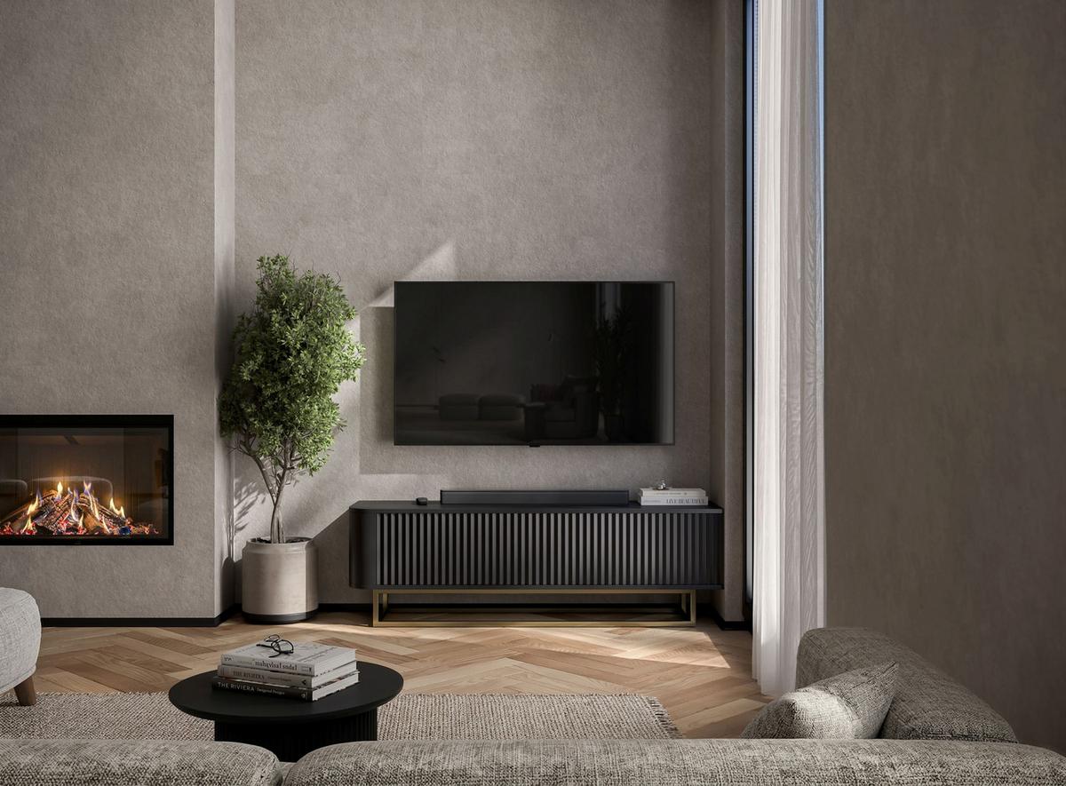 TV-LOWBOARD Aurora Schwarz matt 140 cm mit goldenem Metallrahmen - Schwarz, Holzwerkstoff/Metall (140/44/35cm) - Meble Lindner