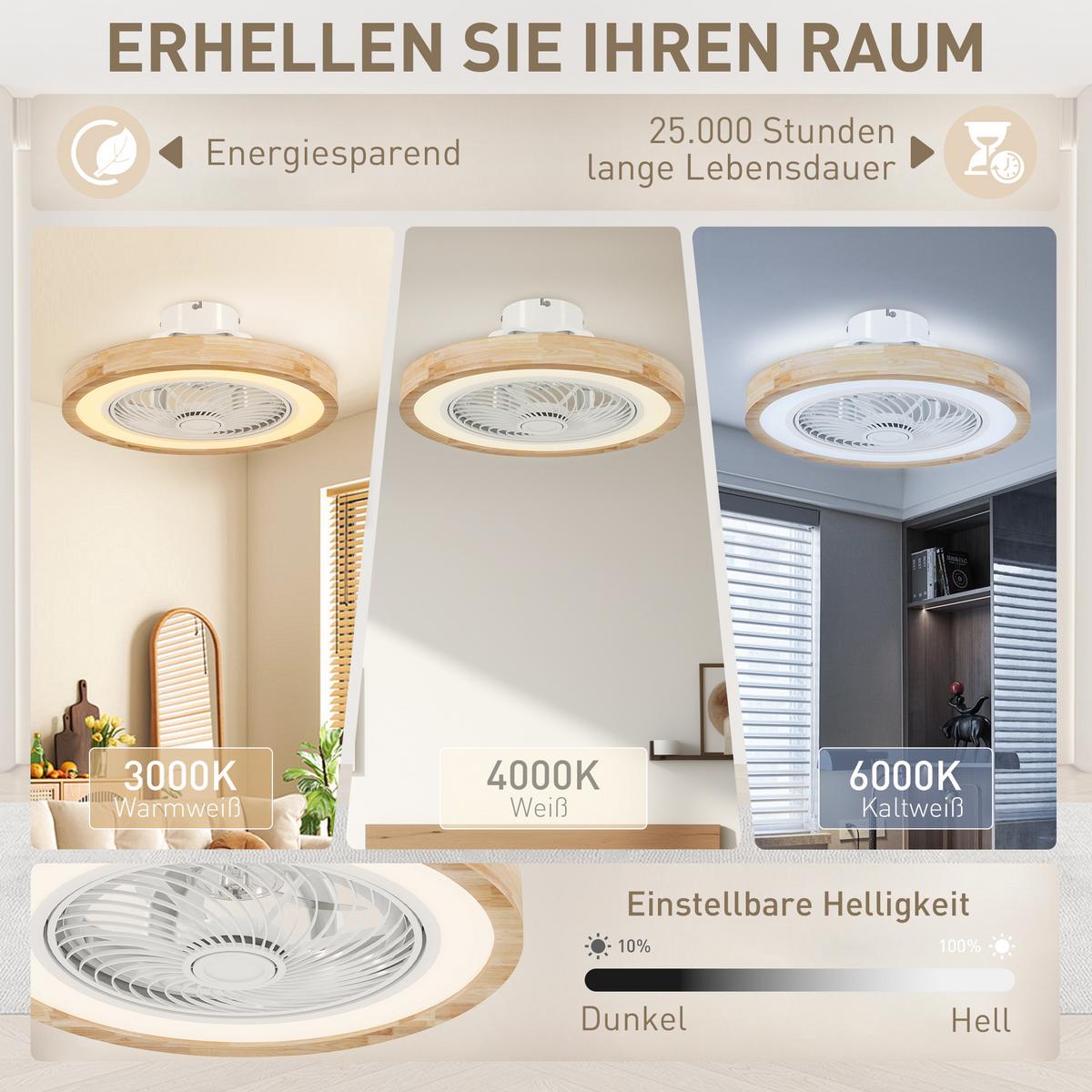 DECKENVENTILATOR mit Beleuchtung Eichenholz Naturholz - Naturfarben, Holzwerkstoff (50/50/22.5cm) - HOMCOM