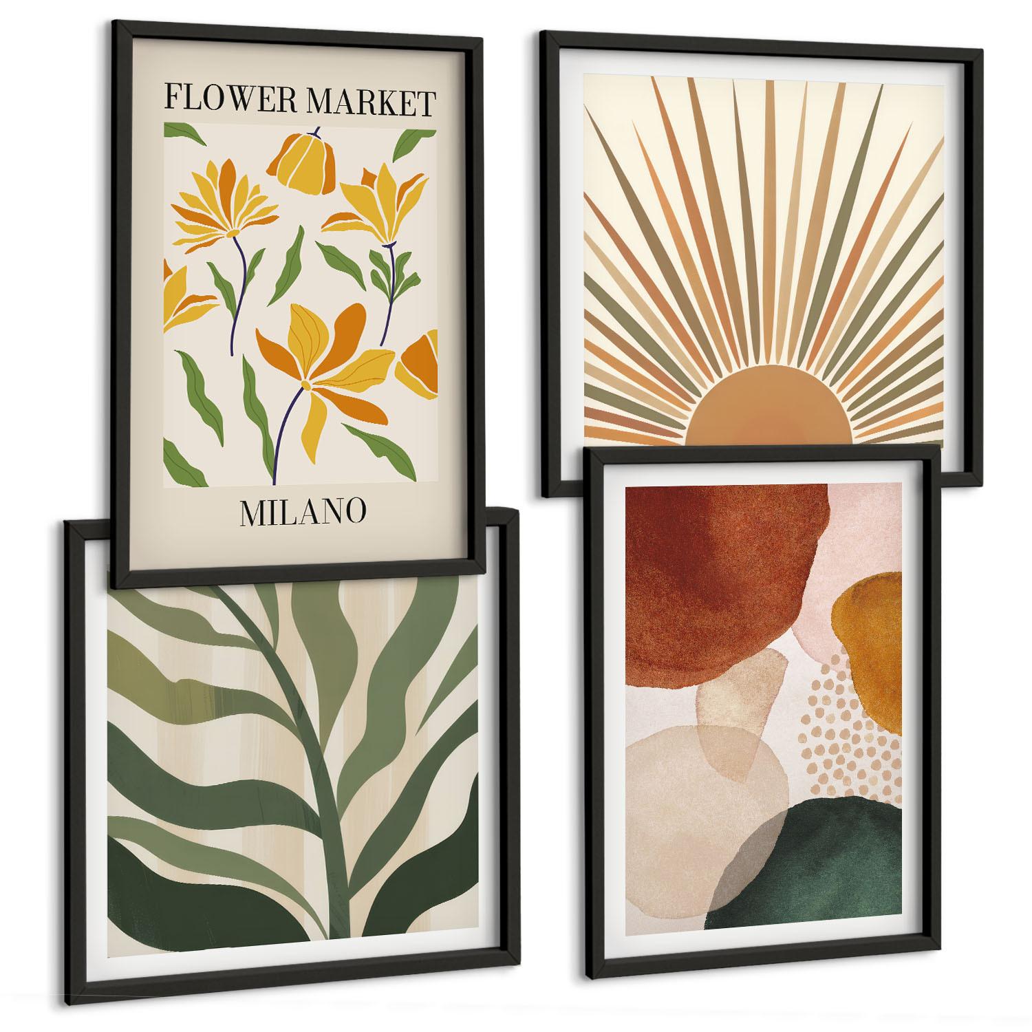 BILDER SET 4er Set - 50x50 cm & 40x60 cm Schwarzer Rahmen - Abstrakte Blumenmotive - Schwarz, Kunststoff (50/50cm) - TULUP