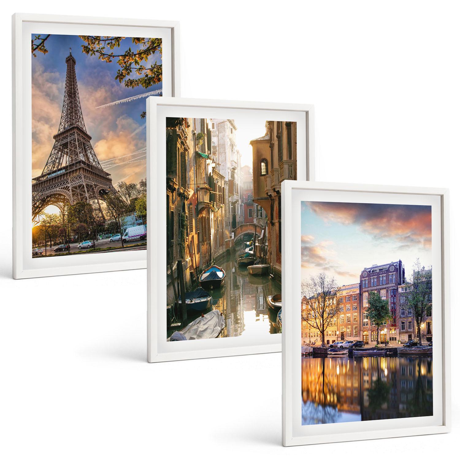 BILDER SET 3er Set - 40x60 cm Weißer Rahmen - Eiffelturm Venedig Amsterdamer Kanäle - Weiß, Kunststoff (40/60cm) - TULUP