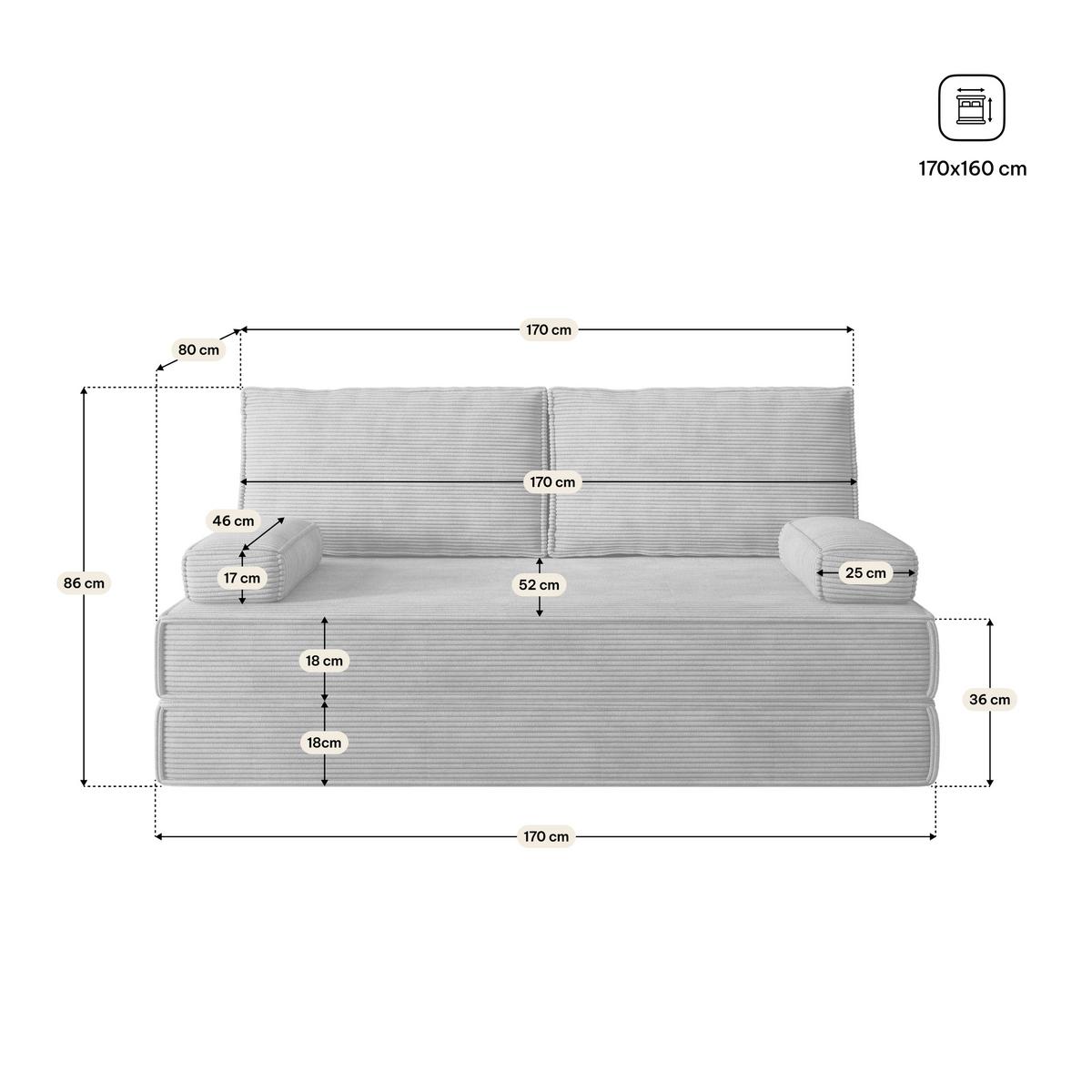 BETTSOFA SILAR aus Schaumstoff Kordstoff Hellgrau Schlaffunktion - Hellgrau, Textil (170/86/80cm) - MASSENO