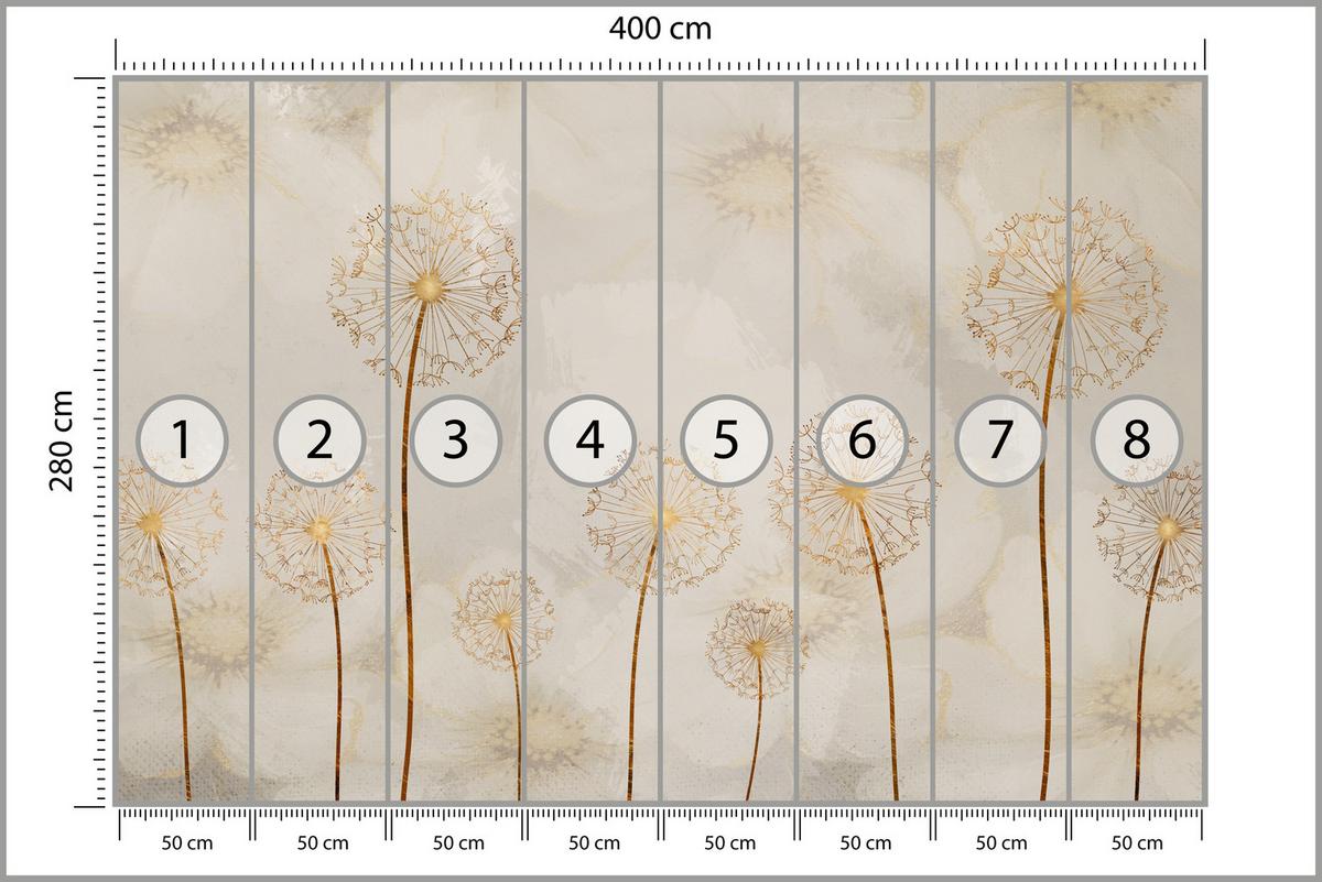 FOTOTAPETE für Schlafzimmer Goldene Löwenzahn Aquarell Blumen 400x280 - Gelb/Beige, Papier (400/280cm) - Muralo
