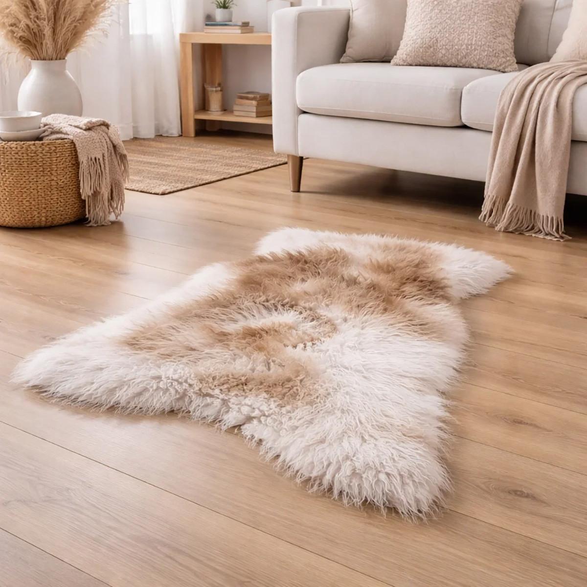 LAMMFELL Island hellgrau-braun lange weiche Wolle ca. 125 cm - Hellbraun/Hellgrau, Fell (70/125cm) - Provellus