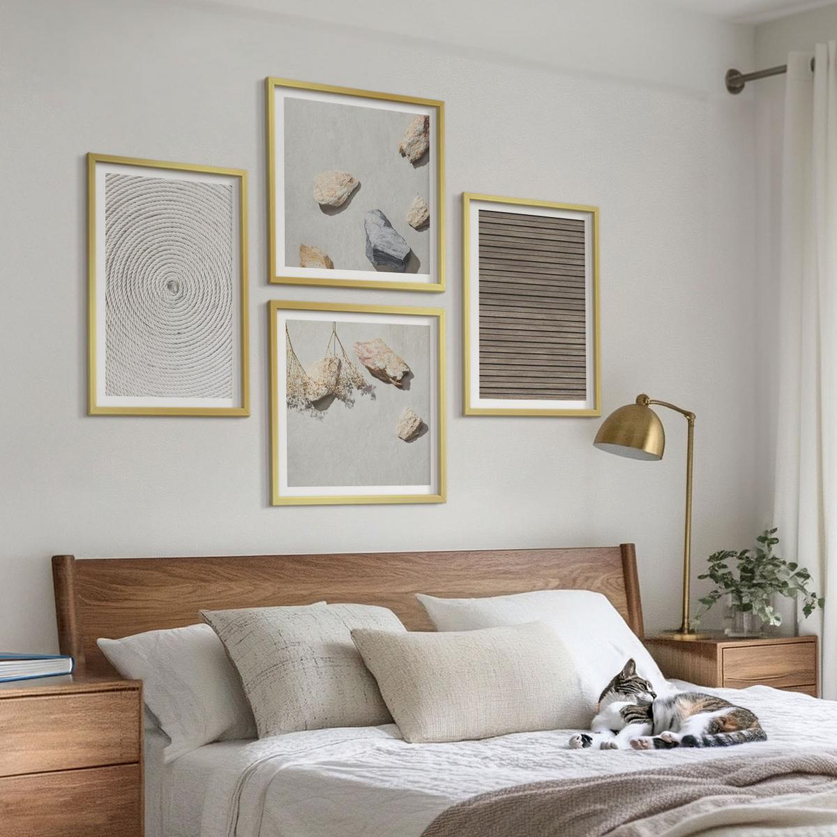 BILDER SET 4er Set - 50x50 cm & 40x60 cm Goldrahmen - Natürliche Texturen Holz Steine - Goldfarben, Kunststoff (50/50cm) - TULUP