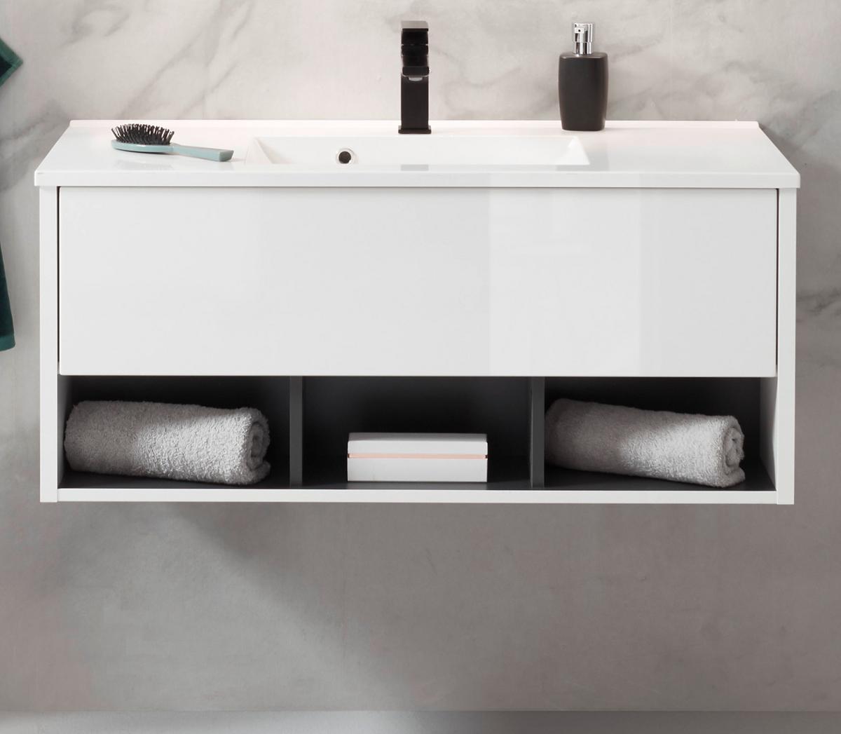 WASCHBECKENUNTERSCHRANK mit Waschbecken weiß Hochglanz, grau 100 cm - Weiß Hochglanz/Grau, Holzwerkstoff (100/44/47cm) - Furn.Design