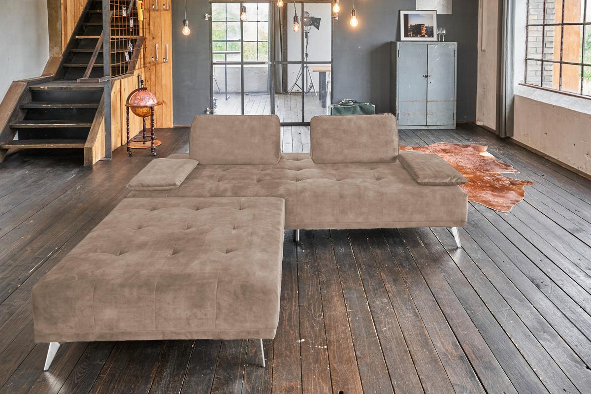 SOFA MIT HOCKER WIOLO Taupe Velvet - Taupe/Silberfarben, Textil/Metall (240/80/110cm) - KAWOLA