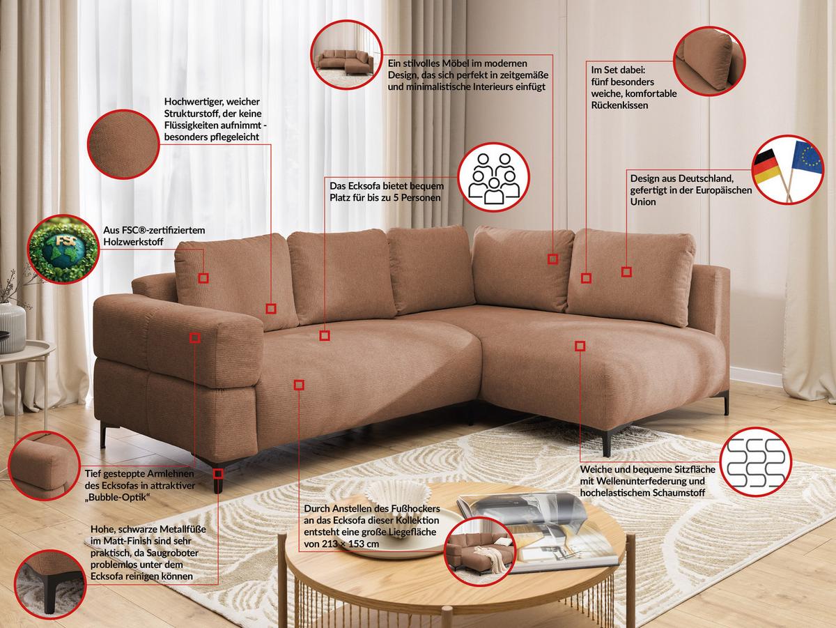 ECKSOFA Cardea in Bubble-Optik aus weichem Terrakotta Strukturstoff mit hohem Sitzkomfort - Ottomane rechts - Terracotta/Schwarz, Holz/Textil (230/170cm) - S-Style Möbel