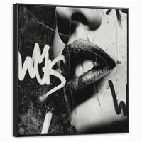 LEINWAND Bilder mit Rahmen - Gesicht - Mund - Graffiti - Schwarz - 90x90 - Schwarz, Textil (90/90cm) - MuchoWow