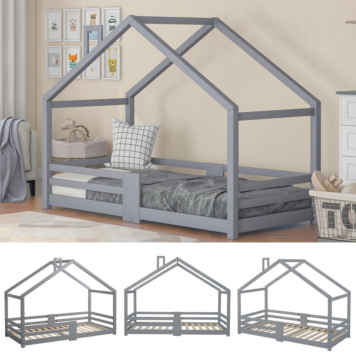 KINDERBETT Hausbett aus Kiefer Massivholz mit Schornstein & Rausfallschutz - Grau, Holz (209/143/96cm) - Urban Meuble