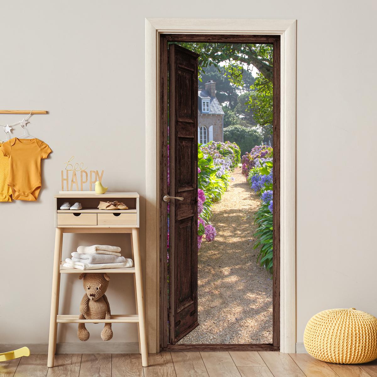 TÜRAUFKLEBER Ansicht - Hortensie - Tür - Blumen - Natur 90x235 cm - Türtapete - Beige, Kunststoff (90/0.1cm) - MuchoWow
