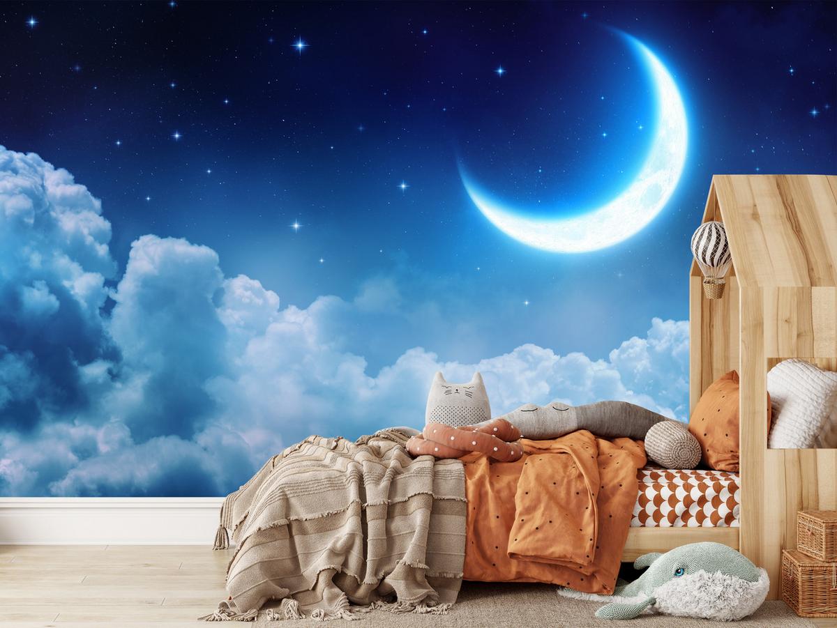 FOTOTAPETE für Schlafzimmer Himmel Wolken Mond Sterne 250x175 - Blau/Dunkelblau, Papier (250/175cm) - Muralo
