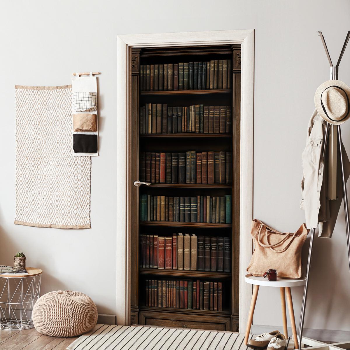TÜRAUFKLEBER Bücherregal - Vintage - Braun Fototapete selbstklebend 80x205 cm - Türtapete - Nussbaumfarben, Kunststoff (80/0.1cm) - MuchoWow