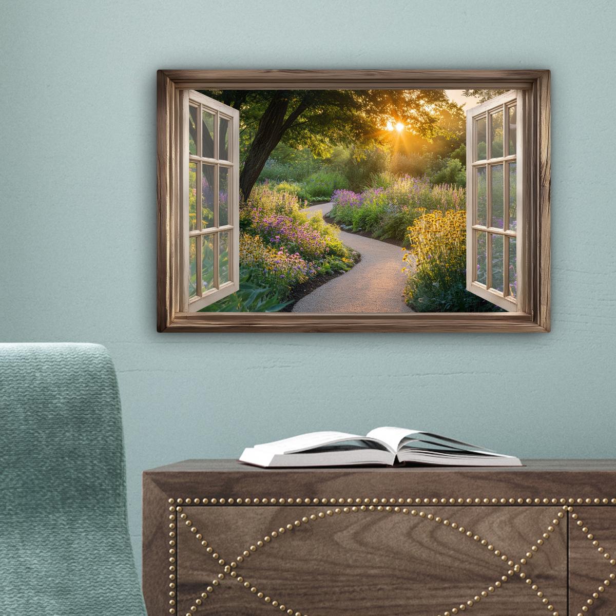 LEINWANDBILD Aussicht - Blumen - Natur - Sonne - Weg Deko Schlafzimmer 30x20 cm - Hellgelb, Textil (30/20cm) - MuchoWow