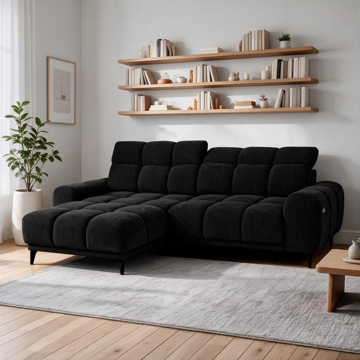 ECKSOFA Marco Mini mit elektrisch ausfahrbarem Sitz und verstellbaren Kopfstützen, Links, Chenille-Stoff, Schwarz - Schwarz, Textil (275/182cm) - Beautysofa