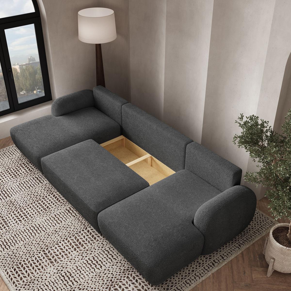 WOHNLANDSCHAFT SAVONA N Grau Boucle-Stoff mit Schlaffunktion - Schwarz/Grau, Holz/Kunststoff (320/90/148cm) - MASSENO