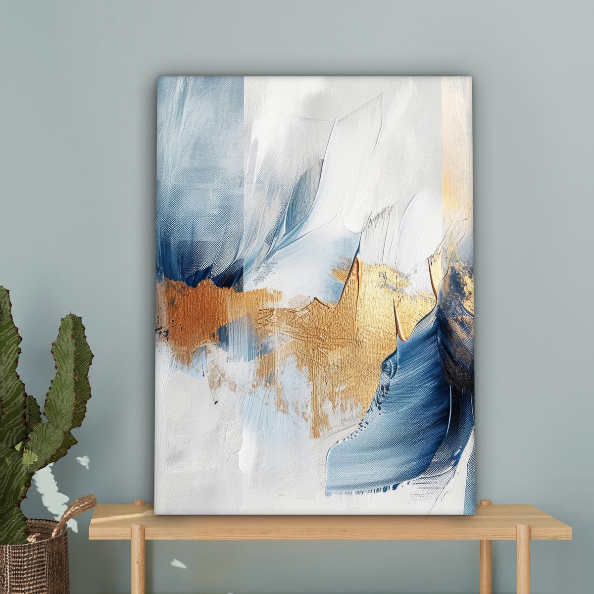 LEINWANDBILD Gold - Blau - Aquarell - Kunst - Modern Wandbild Wohnzimmer 60x80 cm - Hellblau, Textil (60/80cm) - MuchoWow