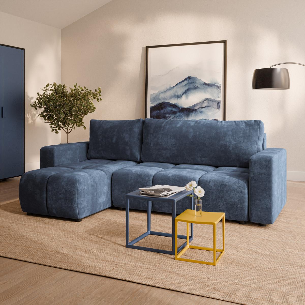ECKSOFA RAMIL Blau Chenille mit Schlaffunktion - Blau, Holz (240/149cm) - MASSENO