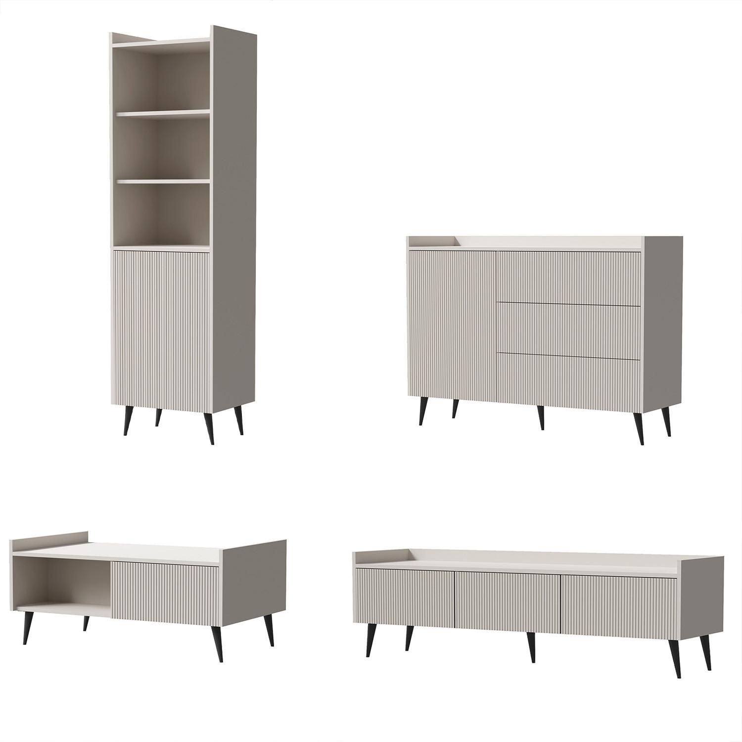 WOHNWAND Amfali 4-teilig –Lowboard, Kommode, Regal und Couchtisch, Push-to-open, Kaschmir - Kaschmir/Schwarz, Holzwerkstoff/Metall (150/180/41cm) - Beautysofa
