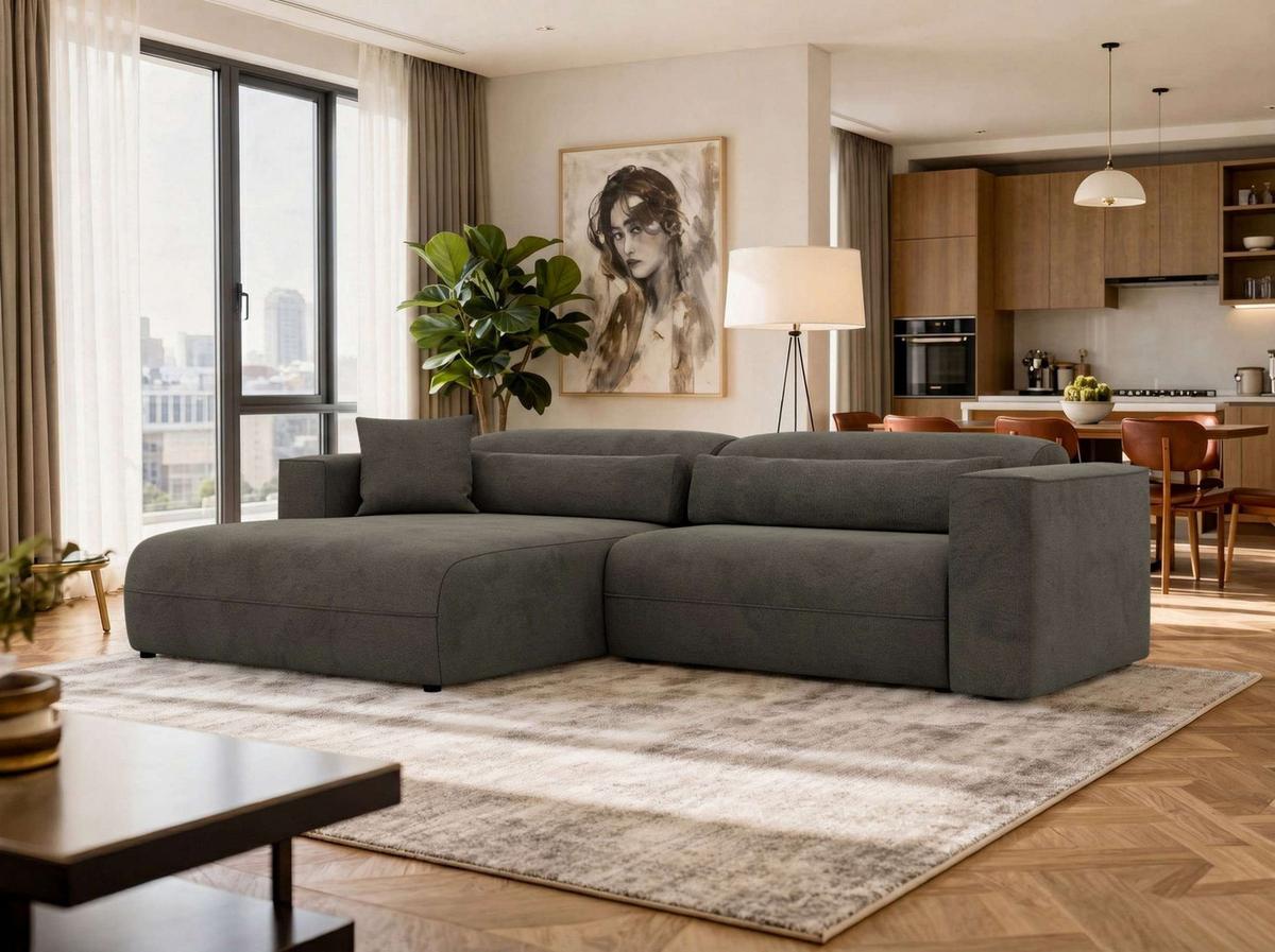 ECKSOFA PAZURRO L - Dunkelgrau Velvet - Links Seite - Dunkelgrau/Schwarz, Kunststoff/Textil (288/180cm) - MKS