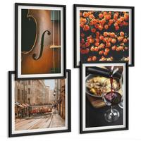 BILDER SET 4er Set - 50x50 cm & 40x60 cm Schwarzer Rahmen - Vintage Blumen Straße Wein Geige - Schwarz, Kunststoff (50/50cm) - TULUP
