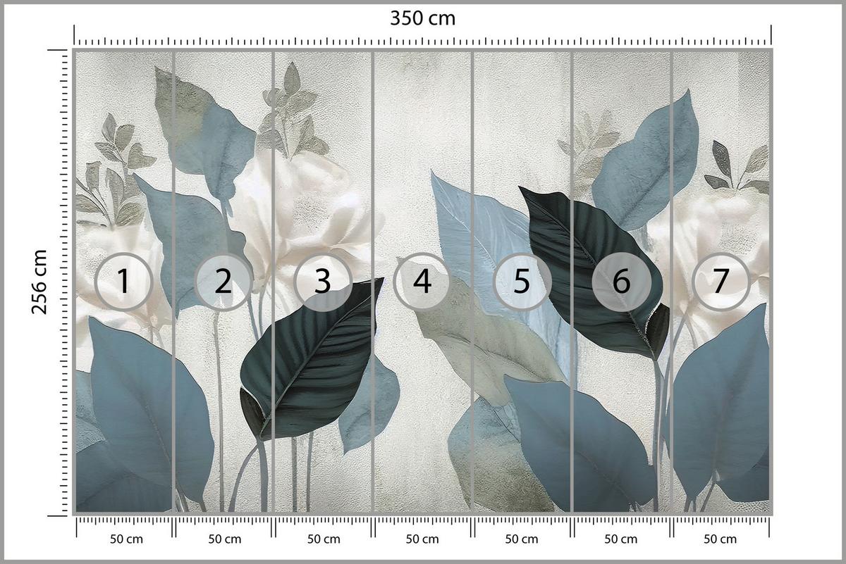 FOTOTAPETE für Wohnzimmer Blaue Blätter Beton Vintage Minimalistisch 350x256 - Grau, Papier (350/256cm) - Muralo