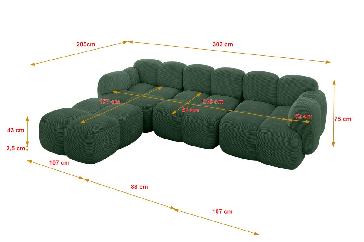 ECKSOFA modulares Sofa Links Miko-L2 302x205x75 Grün Cord - Waldgrün/Schwarz, Holzwerkstoff/Kunststoff (302/205cm) - ALTDECOR
