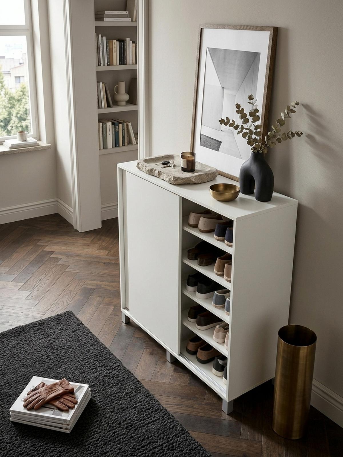 SCHUHSCHRANK Holz für 20 Paar Schuhe mit Schiebetüren, Weiß 100x38x108 cm - Silberfarben/Weiß, Holz/Kunststoff (100/108/38cm) - KADIMA DESIGN