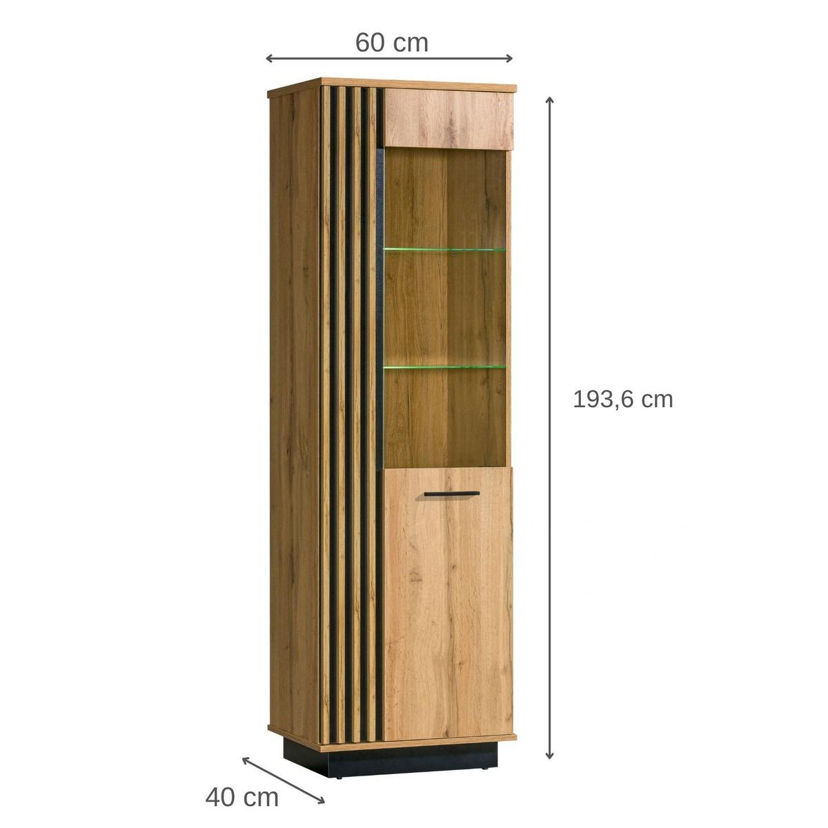 VITRINE Lamelo mit 1 Tür, Glasfront, 60 cm, Eiche Wotan+Schwarz - Eiche Wotan, Holzwerkstoff (60/194/40cm) - Beautysofa