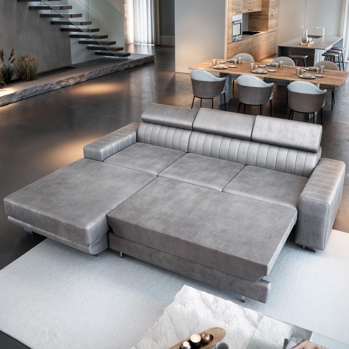 ECKSOFA NOTO L-S Beige Velours-Stoff mit Schlaffunktion - Beige/Silberfarben, Holz/Textil (267/190cm) - MASSENO