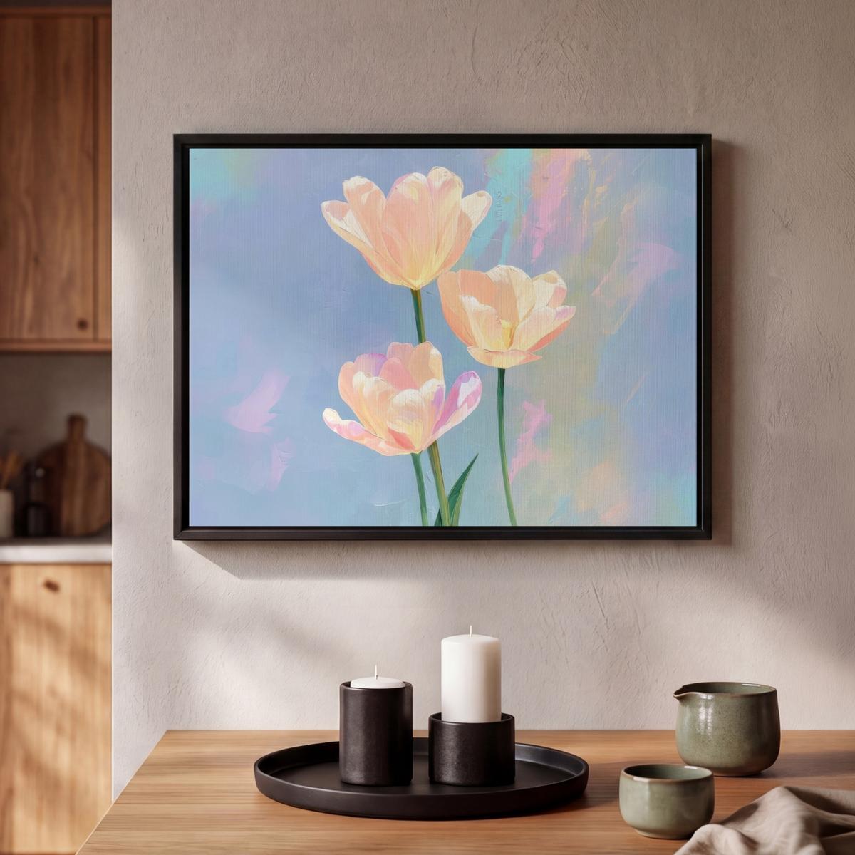 LEINWAND Bilder mit Rahmen - Tulpen - Rosa Akzente - Blau - 40x30 - Pastellblau, Textil (40/30cm) - MuchoWow